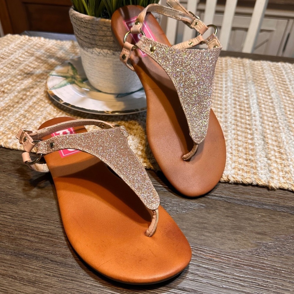 POP Adreana Rose Gold Glitter T-Strap Flat Sandals Womens 7.5M Sparkly Thong